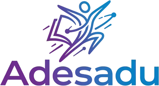 Logo de Adesadu con un diseño dinámico que representa movimiento y educación, utilizando colores degradados en tonos púrpura y azul.